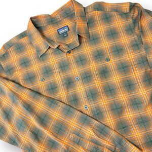Patagonia Plaid Button Up Shirt Men Large Orange Organic Pima Cotton Autumn Fall
